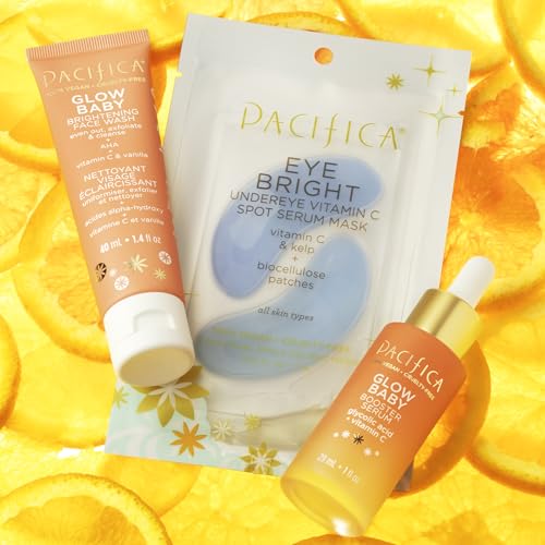 Pacifica Beauty | Glow Baby Vitamin C Trial + Value Kit | 3-Piece Skin Care Gift Set | Travel Friendly | Brightening Face Serum, Face Wash/Cleanser, Under Eye Patches | Glycolic Acid, AHA | Vegan