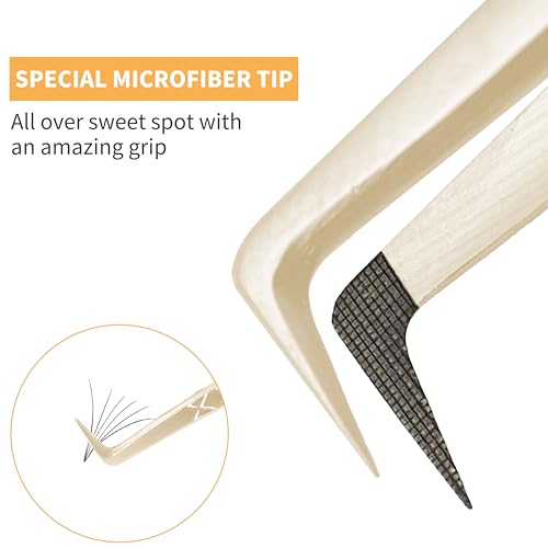 MGER Lash Tweezers for Eyelash Extensions,Diamond Grip 90 Degree Fiber Tip Volume Lash Extension Tweezers,Gold (90 Degree Volume Tweezers)
