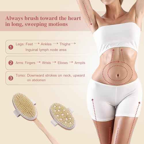 Dry Brushing Body Brush - Natural Bristle Dry Brush Set with 2 Detachable Heads, Wooden Long Handle Dry Body Brush for Lymphatic Drainage, Exfoliating and Cellulite Treatment