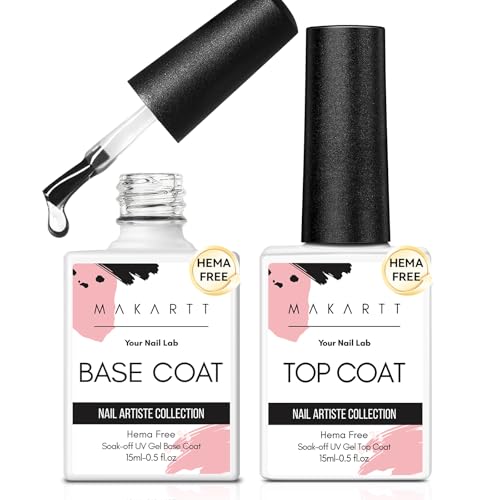 Makartt Hema-Free Gel Top Coat and Base Coat Set, No Wipe Shine Finish Soak Off Gel Base Top Coat Long Lasting LED Nail Lamp Gel for Gel Nail Polish Salon Quality Nail Manicure Gifts, 2pcs 15ML