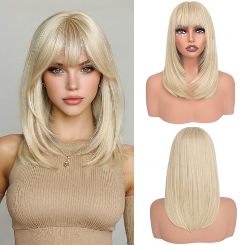 Blonde Bob Wig with Bangs 16" Shoulder Length Synthetic