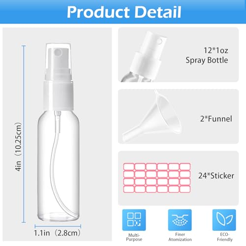 Zoizocp 30ml Clear Spray Bottles 12-Pack - Travel Refillable