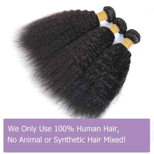 Kinky Straight Bundles 100% Human Hair Bundles Yaki Straight Bundles Human Hair 3 Bundles 20 22 24 Inch Raw Virgin Human Hair Weave Weft Bundles Natural Black Color