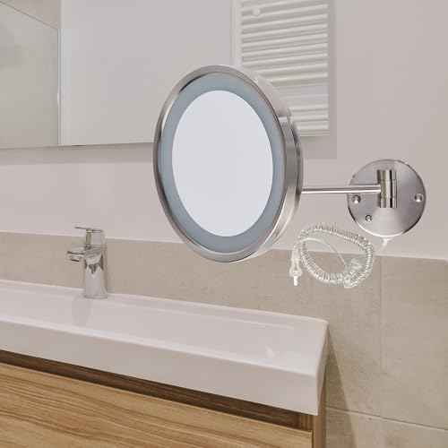 JERDON Lighted Wall-Mounted Makeup Mirror - Magnifying Mirror with LED Lights - 5X - Nickel Finish - Model HL1016NL
