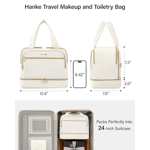 Hanke Travel Toiletry Bag, Lightweight Wide-open Large Toiletry Bags for Women, Dual-Layer Makeup Bag Water-Resistant Cosmetic Travel Bag with Handle for Accessories, Essentials, Off White