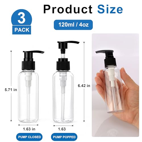 Jansburg 3 Pack 4oz Clear Pump Bottles - Leakproof Dispensers
