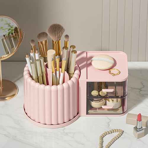 Makeup Organizer Countertop,360 Rotating Makeup Brush Holder With 2 Drawers,Small Preppy Organizer |9.25x5.11inch|Pink