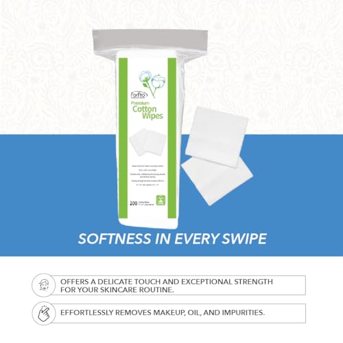ForPro Premium 100% Cotton Wipes - 4x4 Lint-Free Facial Pads (200 Count)