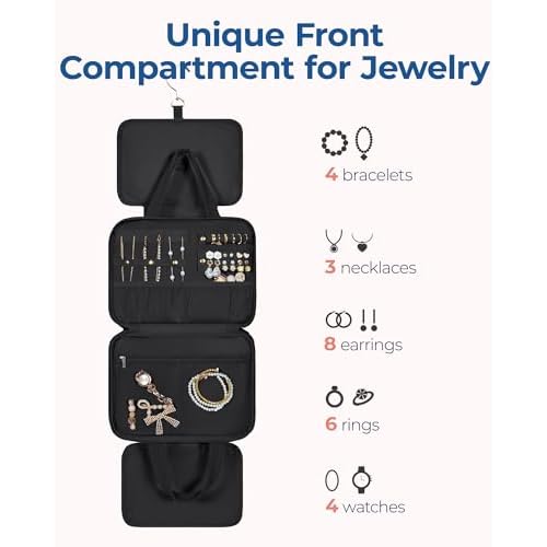 BAGSMART Travel Toiletry Bag with Jewelry Organizer, Hanging Travel Bag for Toiletries, Puffy Makeup Cosmetic Bag Organizer, Carry-on Travel Accessories Essentials, Black-L