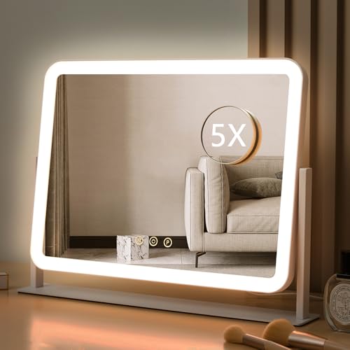 HIEEY Vanity Mirror with Lights, Lighted Makeup Mirror, Three Color Lighting Modes, and 5X Magnification Mirror, Smart Touch Control, 360¡ÆRotation (17.4" x 13.5" White,Gift Box)