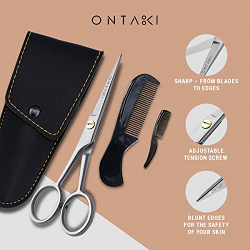 Ontaki Beard & Mustache Trimming Scissors - 5-Inch, Silver, Pack of 1 - Mustache Care Kit with Travel Comb - Compact Travel Pouch & Grooming Kit - 410C German Steel Durability & Beard Scissors