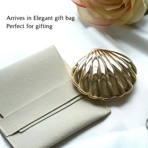 Gold Seashell Compact Mirror - Metal Pocket Handheld Makeup Mirror