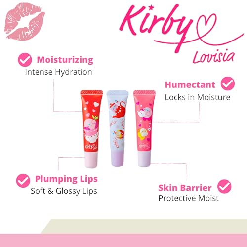 Kirby 3EA Cute Lip Gloss for Girls & Women, Mini Lip Gloss Tubes with Rose, Tea Leaf & Vitamin E, Hydrating Lip Gloss for Women & Lip Moisturizer Made in Japan, Green Tea+ Peach Tea+ Milk Tea