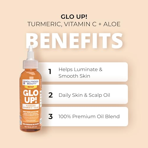 Hollywood Beauty Glo Up! Daily Skin & Scalp Oil to Brighten and Smooth with Turmeric, Vitamin C, and Aloe, 4 fl oz