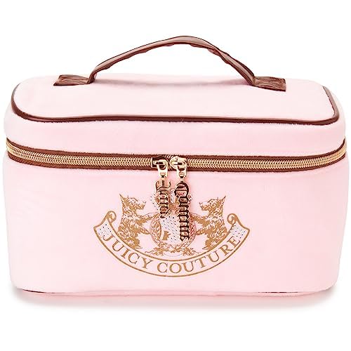 Juicy Couture Pink Makeup Bag Cosmetics Organizer Travel Essentials Train Case Gold Terroir Dog Rhinestone Crown Velour