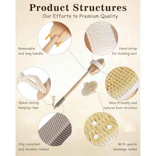 Dry Brushing Body Brush, POPCHOSE Body Scrubber for Men Women, Back Scrubber for Shower, Natural Bristle Exfoliator Scrubber for Body Cellulite and Lymphatic, Long Handle, Detachable, Dual Brush Heads