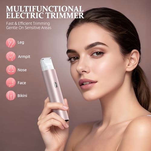 Bikini Trimmer for Women, Dual Head Face Shaver Body Hair Trimmmer, IPX7 Waterproof Womens Electric Razor for Legs, Rose Gold