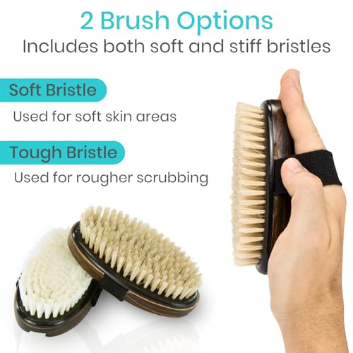 Vive Dry Brush Set for Lymphatic Drainage (3 Pieces) - Brushing Scrubber for Exfoliating, Body Cellulite and Skin Massage - 100% Natural Boar Hair Bristles, 14¡± Long Dark Wooden Handle w/Storage Bag