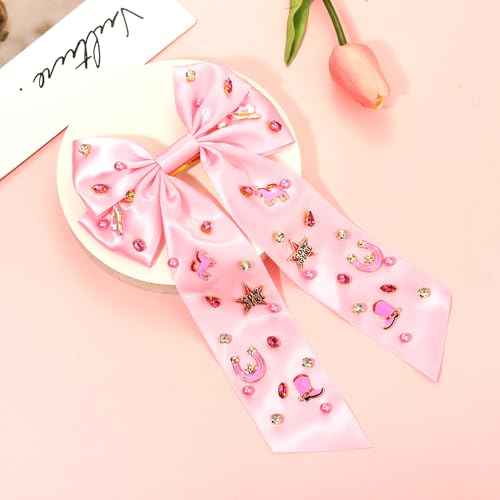 Western Hair Bows for Women Howdy Cowgirl Hair Bow Clips Cowboy Hat Boot Hair Ribbons Jeweled Big Pink Hair Bows Western Hair Accessories Bachelorette Rodeo Nashville Cowgirl Outfits Gifts (Pattern D)