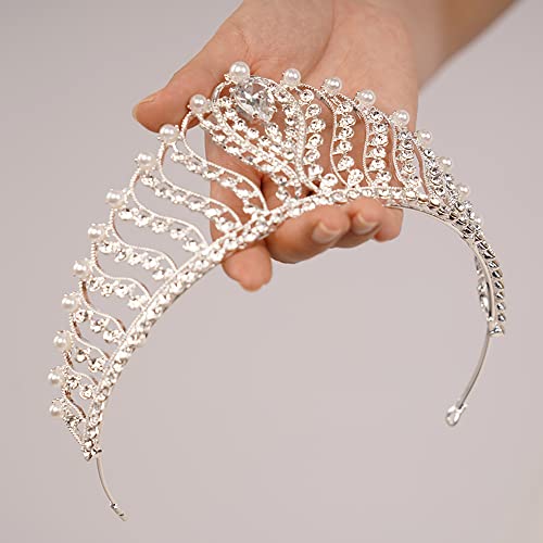 Silver Pearl Crown for Women - Wedding Tiara, Bridal Hair Accessories, Queen Crown & Prom Tiara