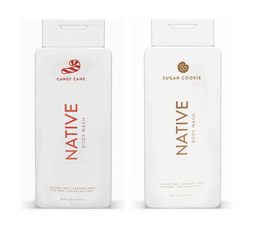 Native Special Edition Winter Body Wash |for Women & Men | Sulfate Free, Paraben Free, Dye Free, with Naturally Derived Clean Ingredients, 18 oz each (2 Pack) (Candy Cane & Sugar Cookie)