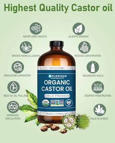 Florisan Organic Castor Oil 16oz - Cold Pressed, USDA Certified