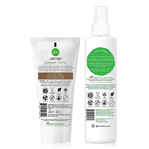 Fresh Monster Kids Hair Detangling Bundle | 8.5 oz Detangler & 6 oz Conditioner | No Toxins | Hypoallergenic | Natural Conditioner | Detangling Spray | Coconut