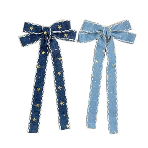 Blue Denim Hair Clip Pin Bow Girls Blue Jeans HairClip Girls Large Bows HairPin BW01 (Set J)