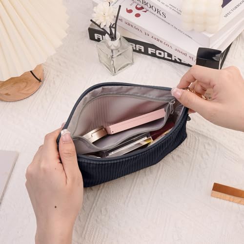 MAGEFY Corduroy Small Makeup Bag with Zipper Pocket - Travel Cosmetic Bag for Women