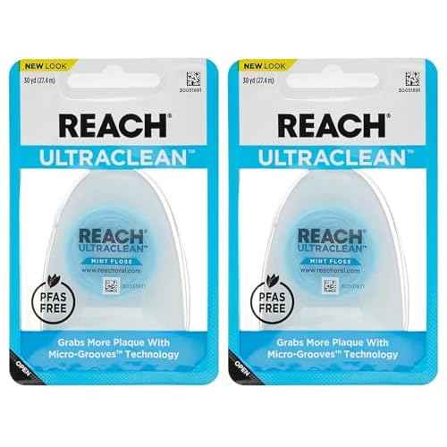 REACH Listerine Ultraclean Dental Floss, Plaque Remover, Shred Resistant, Waxed, Gentle on Gums & Teeth, Mint, PFAS-Free, Fresh Breath, Oral Care, for Adults & Kids, 30 yds - Pack of 2