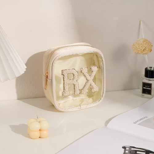 Small Chenille Letter Clear Medicine Makeup Bags,Nylon PVC Waterproof Rx Pouch with Metal Zipper, Cute Drug First Aid Travel Organizer for Women Girls(06Beige)