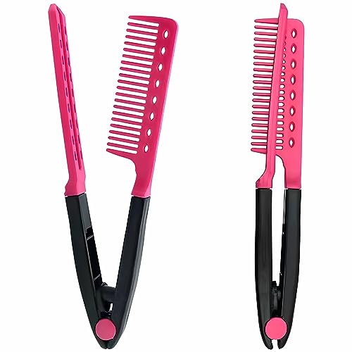 Hair Straightening Set - 2-Pack Flat Iron Comb for Tangle-Free Styling, Pink