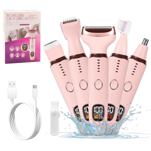 Electric Razors for Women, 5 in 1 Painless Ladies Wet & Dry Body Razors and Facial Hair Remover, Rechargeable Facial and Body Hair Remover for Face Nose Eyebrow Arms Armpit Legs Pubic Area (Pink)