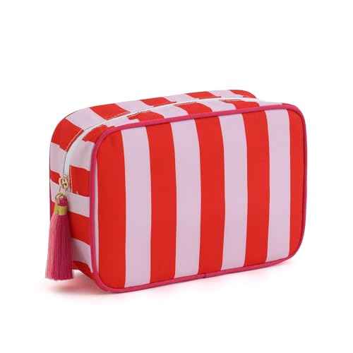 Stripe Makeup Bag Travel Cosmetic Bag Organizer Tassel Toiletry Bag Large Canvas Zipper Pouch and Accessories Storage Bag for Women