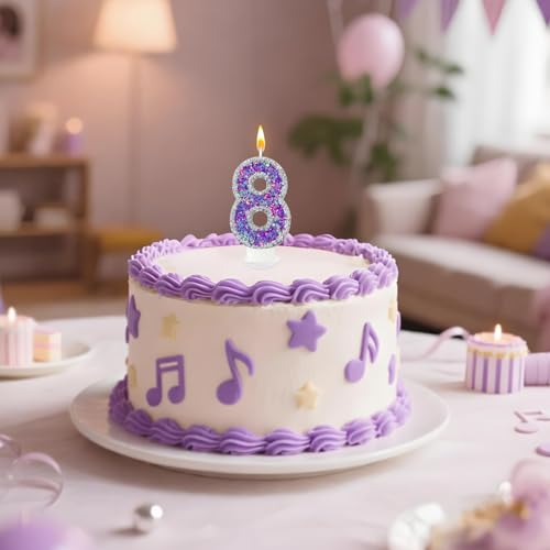 Number 8 Birthday Candle - Purple & Silver Glitter Cake Topper