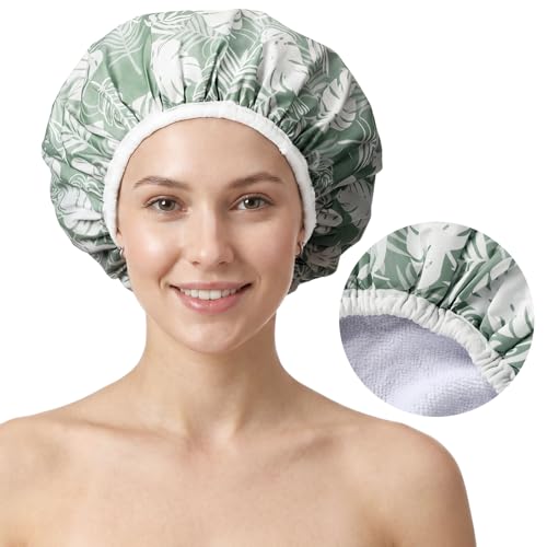 Jiuguva Large Green Waterproof Shower Cap for Women - Terry Lined, Vacation Style