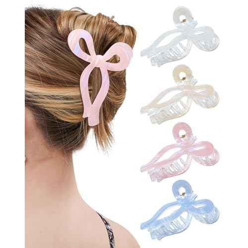Mesovor 4 Pack Elegant Bow Hair Claw Clips, Nonslip 4.3" Large Hair Grip Hairclips for Thin and Thick | Acrylic Hair Strong Hold Hair Jaw Clamps (Mermaid Stripes)