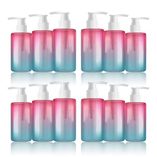 12 Pack 6.8 oz Refillable Pump Bottles - Empty Clear Gradient Color Plastic Dispensers for Lotion, Shampoo, Soap & Cream