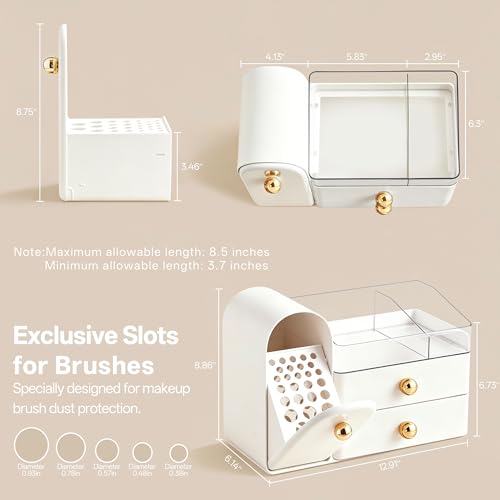 HBlife Makeup Organizer with Drawers & Brush Holder - White & Gold