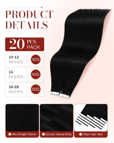 Moresoo Black Tape-in Human Hair Extensions 10 Inch 20 Pieces Seamless Weft