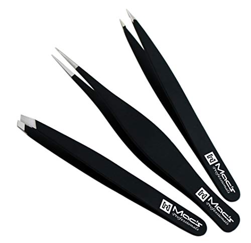 Macs Tweezers Set;- for Eyebrow Plucking, Ingrown Hair -Best for Eyebrow Hair, Facial Hair Removal,Splinter - Stainless Steel Precision Sharp- Pointy Ends Meet Perfectly - 7343BK (Black)