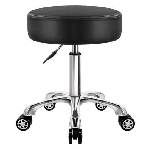 Heavy Duty Rolling Stool with Wheels 360 Swivel Adjustable Rolling Stool Hydraulic Lift Thick Leather Seat Ergonomic Chair for Kitchen Drafting Lab Office Salon Massage Black