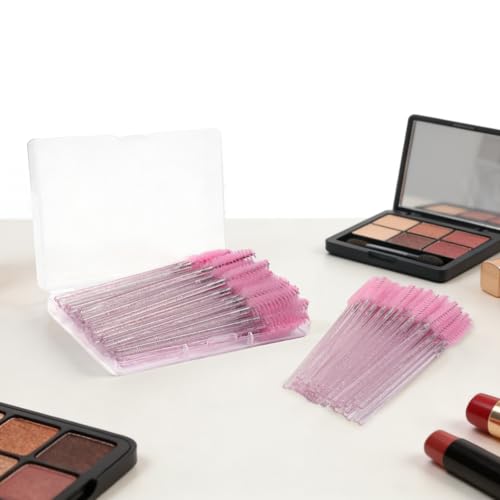 Myaokue-up 100 Pcs Disposable Eyelash Wands & Spoolies with Pink Container