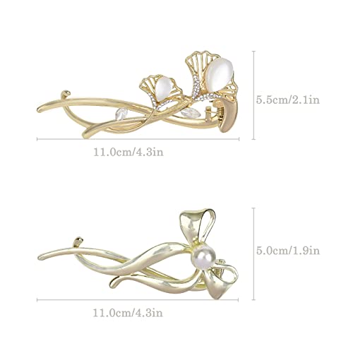 Yonchic 2-Piece Metal Hair Barrettes Clips, Simple Style Bow Pearl Hair Clip, Non Slip Elegant Retro Hair Claw for Thin/Medium Thick Hair, Trendy Multiple Shapes Aesthetic Hair Accessories