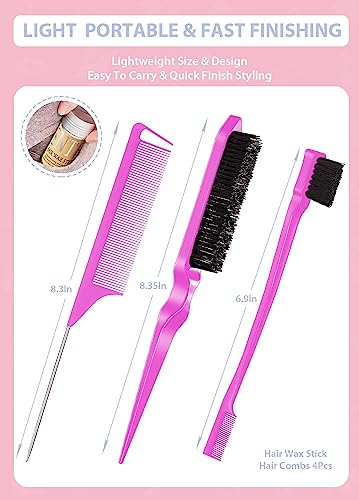 Hair Wax Stick, Edges Brush, Rat Tail Comb, Bristle Brush Set 4Pcs, Wax Stick for Hair & Wig Flyaways, Slick Back Hair Brush for Smooth Hair & Baby Hair Edge Control & Tame Frizz