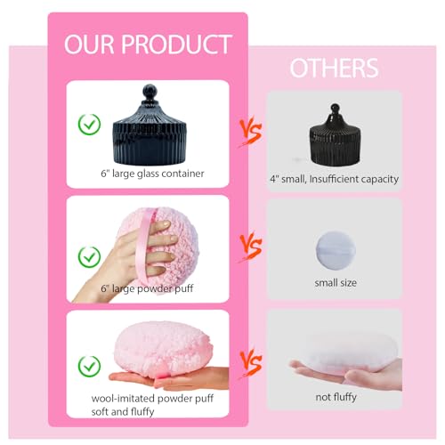 Body Powder Puff and Container Extra Large, 6" Crystal Glass Storage Jars with Oversize Dustproof Lid for Loose Powder with Soft Washable Reusable Fluffy Puff Perfect for Skin Care (Black)