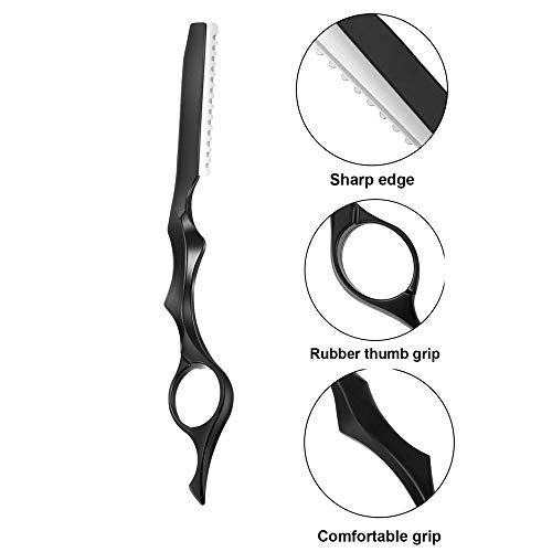 11Pcs Hair Styling Thinning Razor Set - 1 Razor, Thinning Comb, Texturizing Cutting Razor and 10 Replacement Stainless Steel Blades for Salon & Home Use (Black)