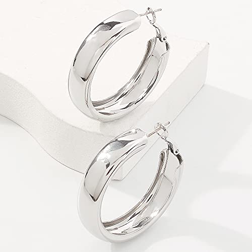 Silver Chunky Hoop Earrings for Women - Large Round Tube Design