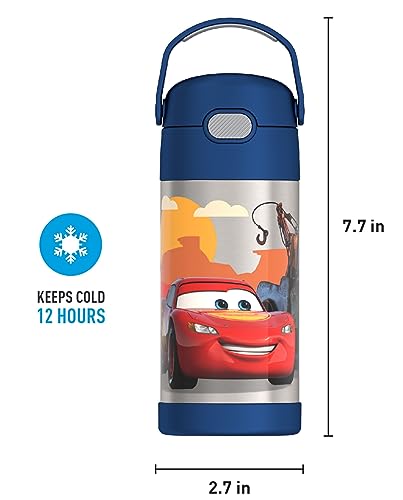 THERMOS FUNTAINER Water Bottle with Straw - 12 Ounce, Cars - Kids Stainless Steel Vacuum Insulated Water Bottle with Lid