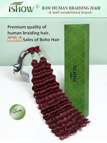 ISHOW 15A Deep Wave Braiding Hair - 100% Virgin Human Hair, 22" Red Burgundy (2 Packs)